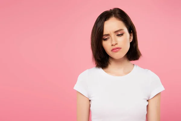 Bela Menina Triste Isolado Rosa — Fotografia de Stock