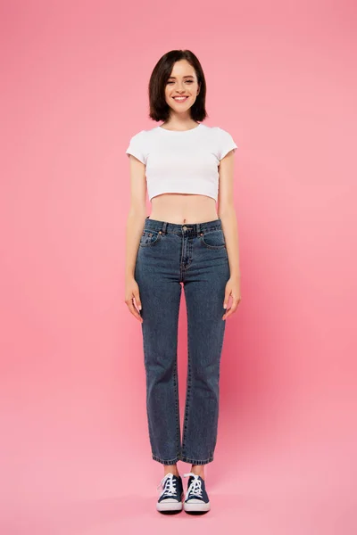 Full Length View Beautiful Smiling Girl Isolated Pink — Stock Photo, Image