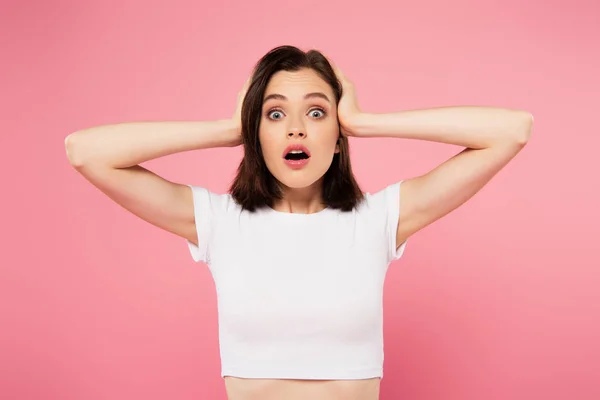 Beautiful Shocked Girl Hands Head Isolated Pink — Stock Photo, Image