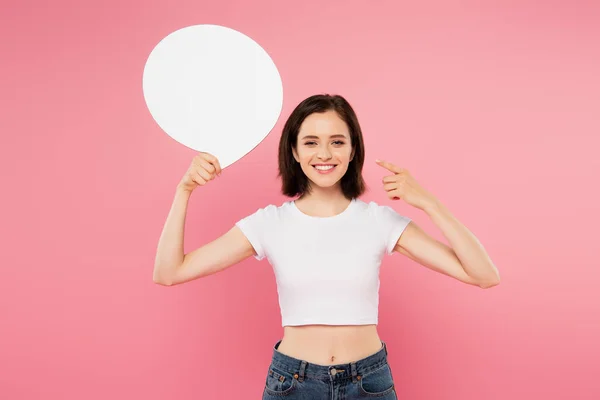 Smiling Pretty Girl Pointing Finger Blank White Speech Bubble Isolated — Stock Photo, Image