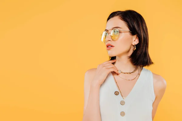 Elegant Woman Sunglasses Posing Isolated Yellow — Stock Photo, Image