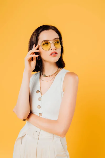 Stylish Woman Sunglasses Looking Away Isolated Yellow — Stock Photo, Image