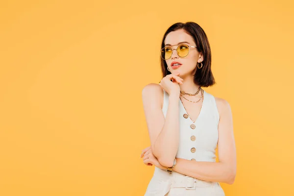 Dreamy Fashionable Girl Sunglasses Looking Away Isolated Yellow — Stock Photo, Image