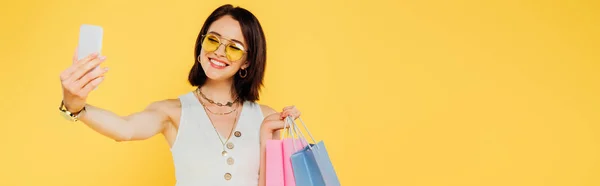 Happy Fashionable Girl Sunglasses Shopping Bags Taking Selfie Smartphone Isolated — Stock Photo, Image