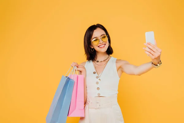 Happy Fashionable Girl Sunglasses Shopping Bags Taking Selfie Smartphone Isolated — Stock Photo, Image