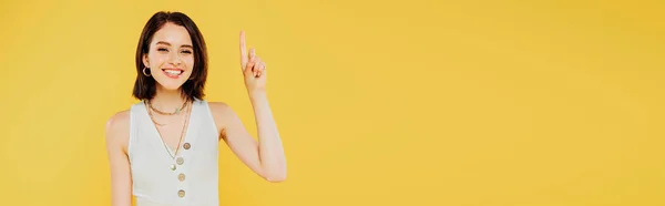 Panoramic Shot Smiling Elegant Girl Showing Idea Gesture Isolated Yellow — Stock Photo, Image