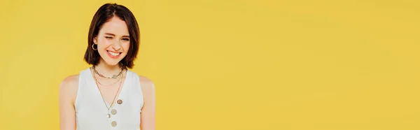 Panoramic Shot Smiling Elegant Girl Winking Isolated Yellow — Stock Photo, Image