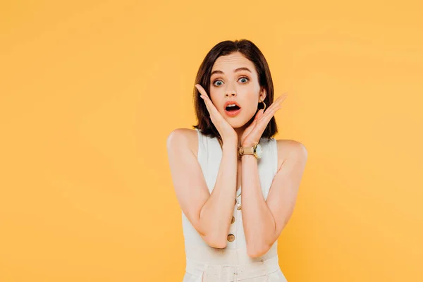 Shocked Elegant Girl Hands Face Isolated Yellow — Stock Photo, Image