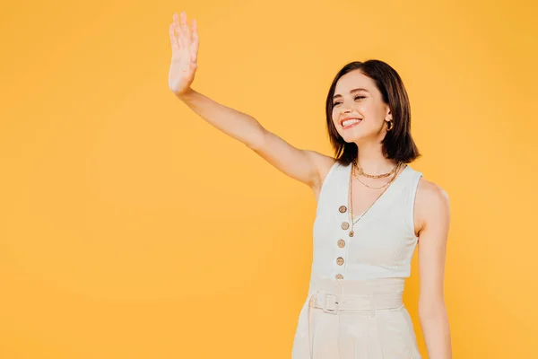Smiling Elegant Girl Waving Hand Isolated Yellow — Stock Photo, Image
