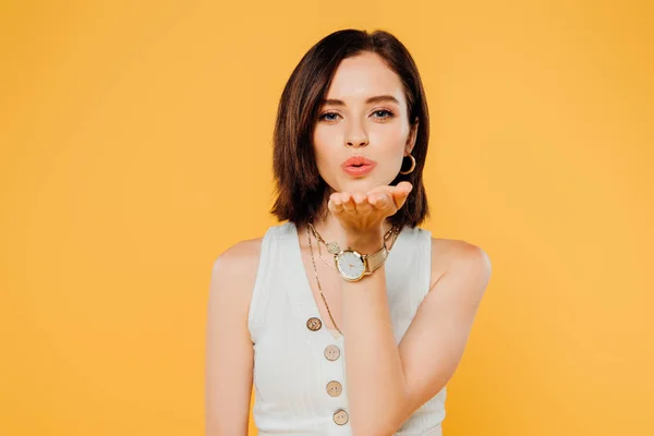 Pretty Elegant Girl Blowing Kiss Isolated Yellow — Stock Photo, Image