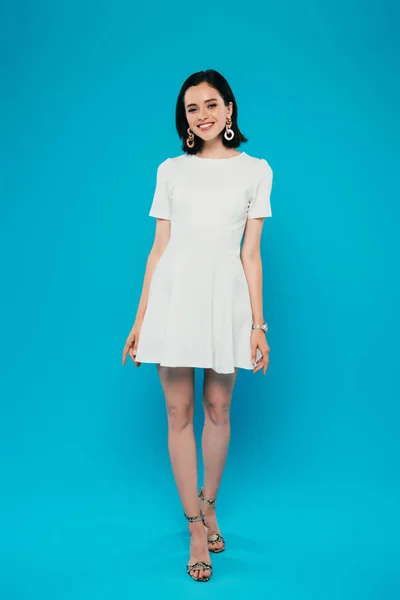 Full Length View Smiling Elegant Woman Dress Isolated Blue — Stock Photo, Image