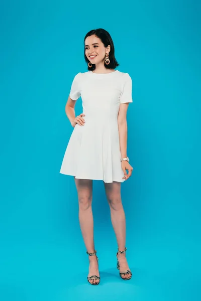 Full Length View Smiling Elegant Woman Dress Hand Hip Isolated — Stock Photo, Image