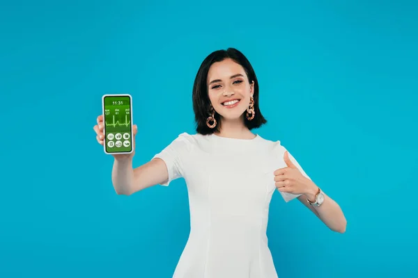 Lächelnde Elegante Frau Kleid Hält Smartphone Mit Gesundheits App Der — Stockfoto