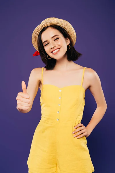 Smiling Girl Straw Hat Hand Hip Showing Thumb Isolated Purple — Stock Photo, Image