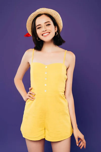 Smiling Girl Straw Hat Hand Hip Isolated Purple — Stock Photo, Image