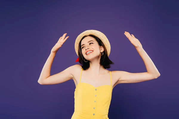Smiling Girl Straw Hat Hands Air Isolated Purple — Stock Photo, Image