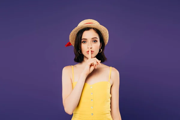 Girl Straw Hat Showing Shh Sign Isolated Purple — Stock Photo, Image