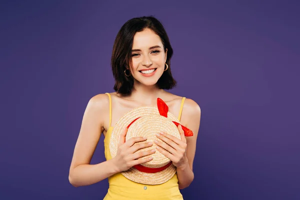 Smiling Pretty Girl Holding Straw Hat Isolated Purple — Stock Photo, Image