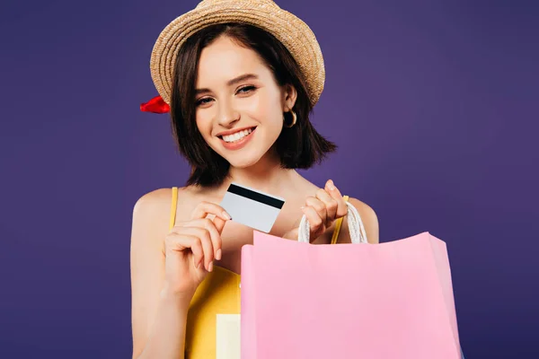 Smiling Girl Straw Hat Shopping Bags Credit Card Isolated Purple — Stock Photo, Image