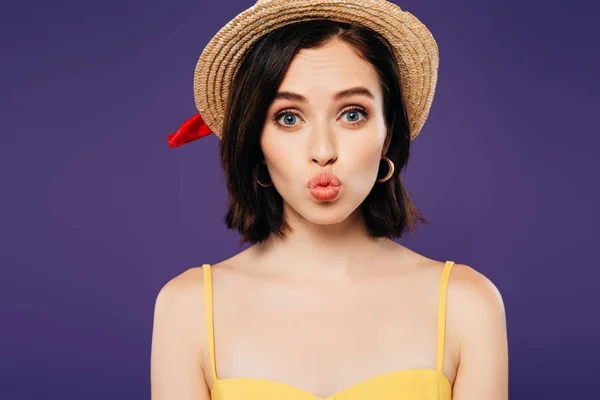 Girl Straw Hat Pouting Lips Isolated Purple — Stock Photo, Image