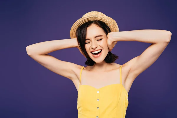 Girl Straw Hat Hands Ears Screaming Isolated Purple — Stock Photo, Image