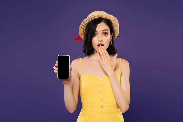 Girl Straw Hat Showing Idea Gesture Holding Smartphone Blank Screen — Stock Photo, Image