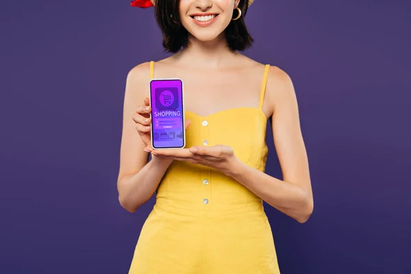 Cropped View Smiling Girl Holding Smartphone Online Shopping App Isolated — Stock Photo, Image