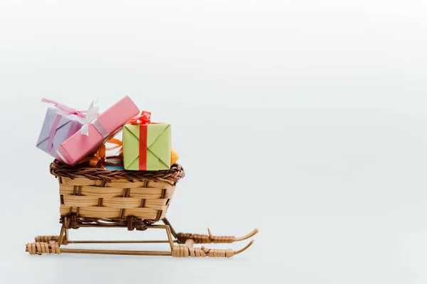 Small Toy Sleigh Colorful Gifts Isolated White — Stock Photo, Image