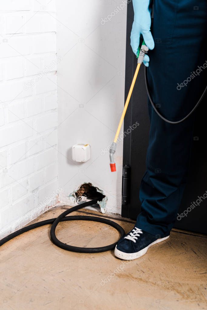 exterminator standing near hole in brick wall and holding toxic spray 