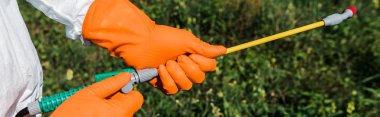 panoramic shot of exterminator in latex gloves holding spray outside  clipart