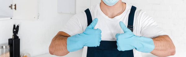 panoramic shot of exterminator in blue latex gloves showing thumb up 