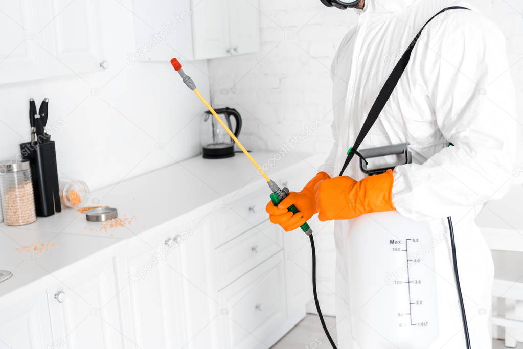 cropped view of exterminator holding toxic spray near kitchen cabinet 