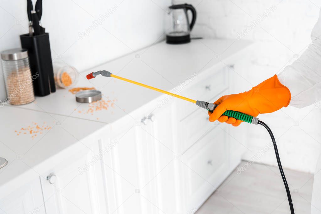 cropped view of exterminator holding toxic equipment near kitchen cabinet 