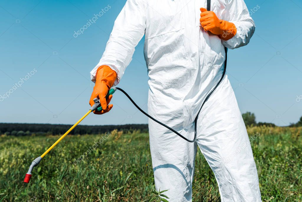 cropped view of exterminator in latex gloves and white uniform holding spray outside 