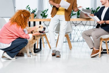 çalışan iki arkadaş ve kadın sevimli altın retriever okşayarak kırpılmış görünümü
