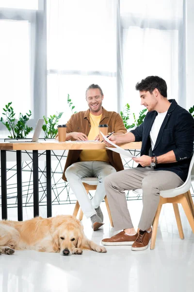 Two Handsome Friends Smiling Doing Paperwork Office — Stock Photo, Image