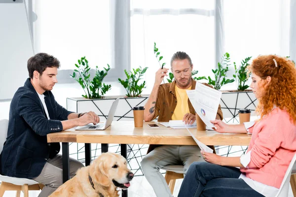 three friends sitting at table and doing paperwork in office