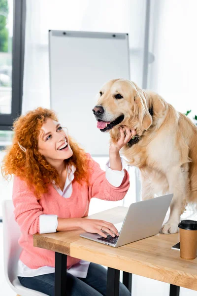 Attraktive Frau Lächelt Und Streichelt Niedlichen Golden Retriever Büro — Stockfoto