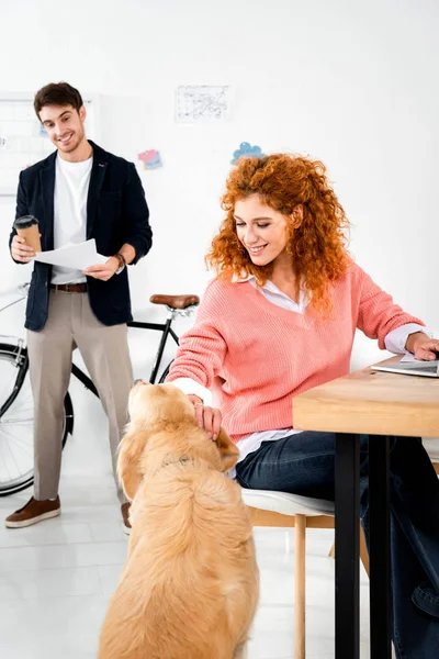 Handsome Man Looking Attractive Woman Stroking Cute Golden Retriever Office — Stock Photo, Image