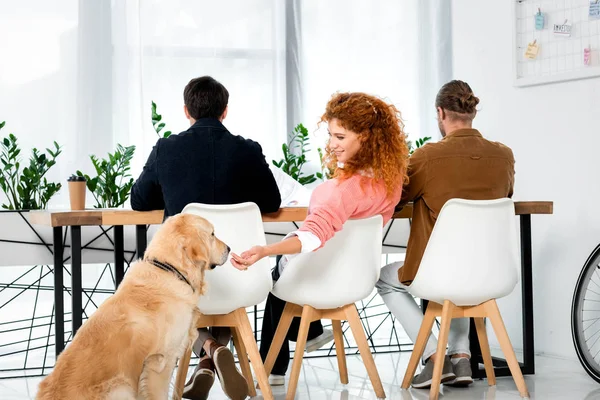 Visão Traseira Três Amigos Sentados Mesa Alimentando Golden Retriever — Fotografia de Stock