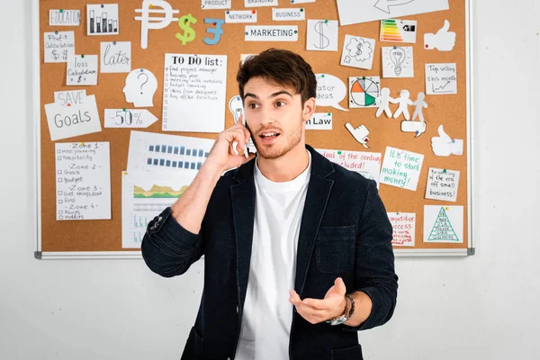 Shocked Handsome Businessman Shirt Talking Smartphone Office — Stock Photo, Image