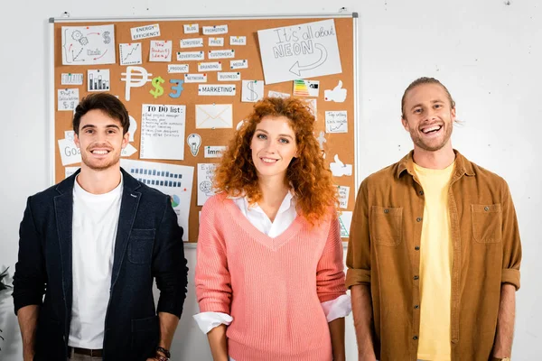 Three Friends Smiling Looking Camera Office — Stock Photo, Image