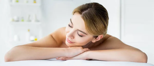 Panoramic Shot Attractive Woman Closed Eyes Lying Massage Mat Spa — Stock Photo, Image