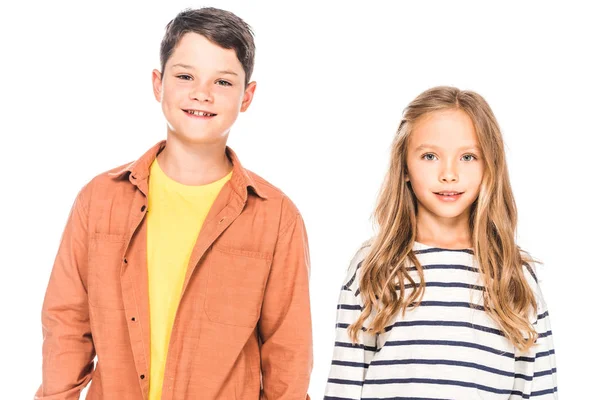 Vista Frontal Dos Niños Sonrientes Aislados Blanco — Foto de Stock