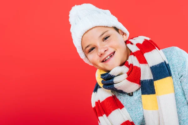 Smiling Child Hat Scarf Isolated Red — Stock Photo, Image