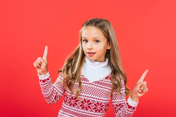 Cute Child Sweater Looking Camera Isolated Red — Stock Photo, Image