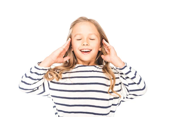 Front View Cheerful Kid Smiling Closed Eyes Isolated White — Stock Photo, Image