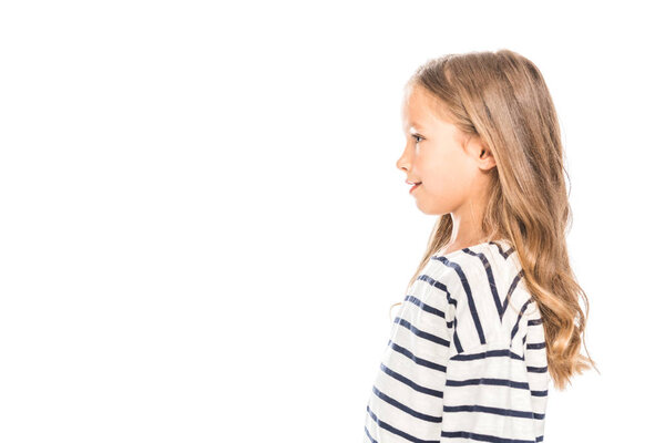 side view of smiling kid isolated on white