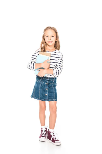 Full Length View Smiling Kid Books Isolated White — Stock Photo, Image