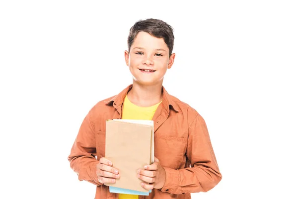 Framifrån Leende Kid Holding Böcker Isolerade Vitt — Stockfoto